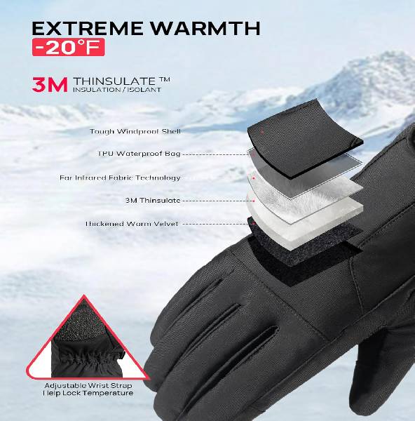 Thermal Ski Gloves - 3M Thinsulate Touch-Screen L